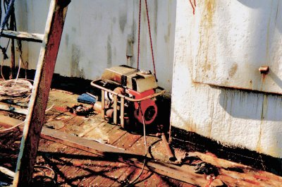 Trevor's generator on Radio Caroline deck at Christmas 1990, ship's main power genny